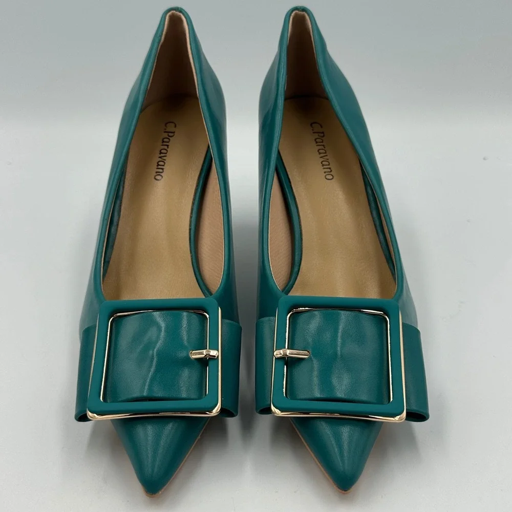 C.Paravano Peacock Blue Buckle Pumps Sz 36 / 5.5 Leather Pointed Toe Kitten Heel